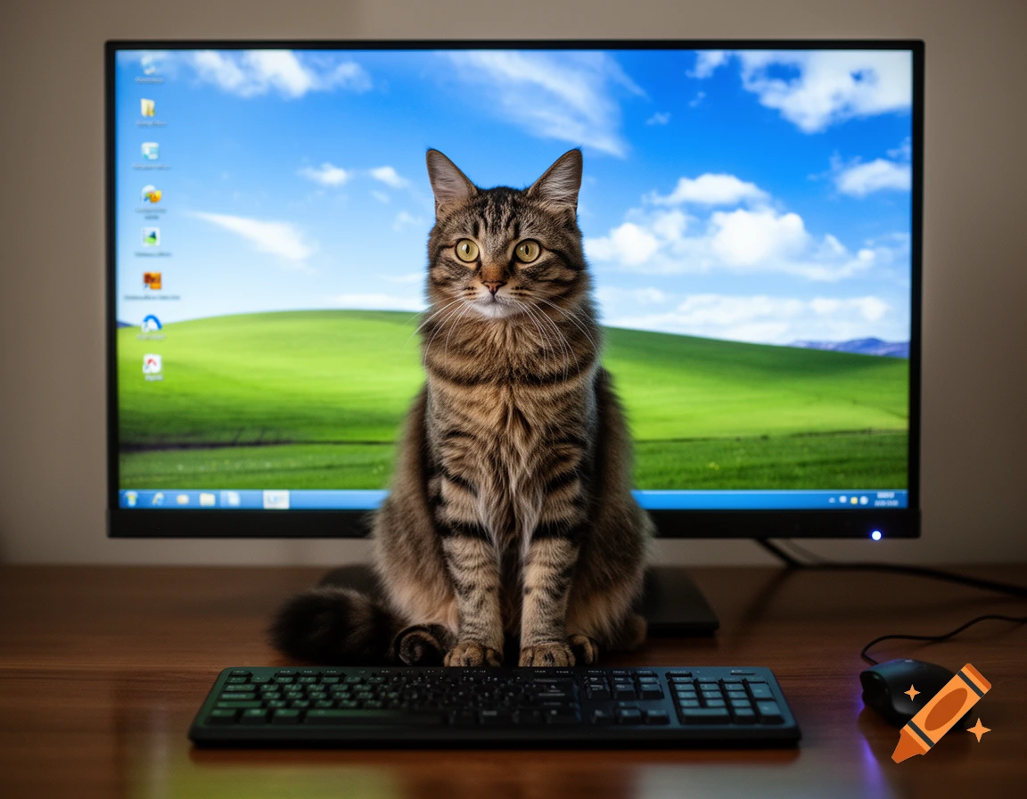 A tabby cat sitting on a keyboard in front of a computer monitor displaying the Windows XP Bliss wallpaper, photorealistic.