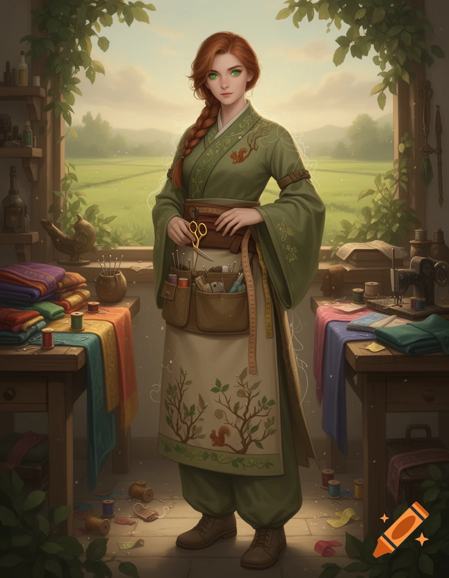 Digital illustration of a red-haired seamstress with green eyes, wearing a green hanfu and utility apron in a workshop.