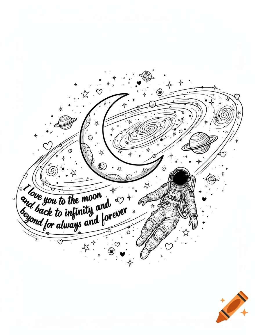 Black and white outline drawing of an astronaut floating in space near a crescent moon, planets, stars, and the text 'I love you to the moon and back to infinity and beyond for always and forever'.