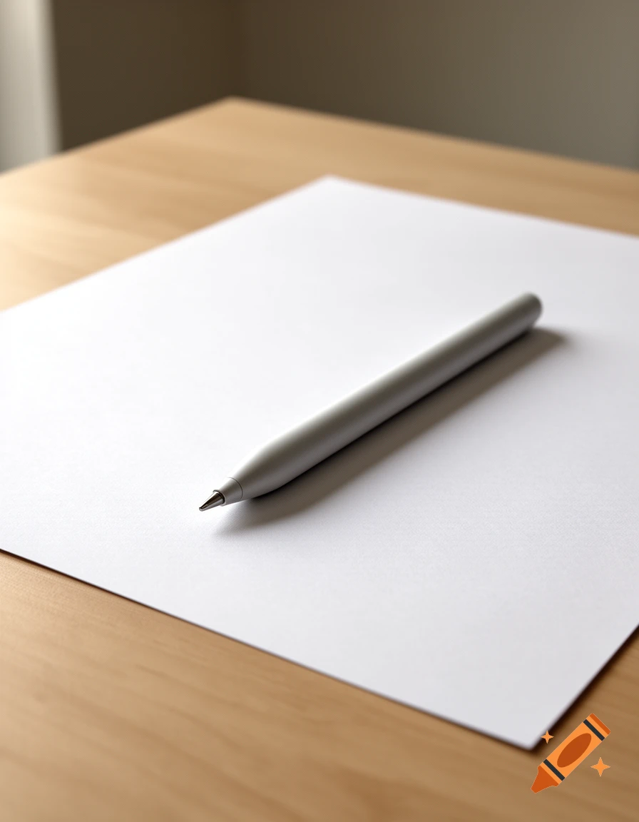 A silver stylus pen resting on a blank white sheet of paper on a wooden table.