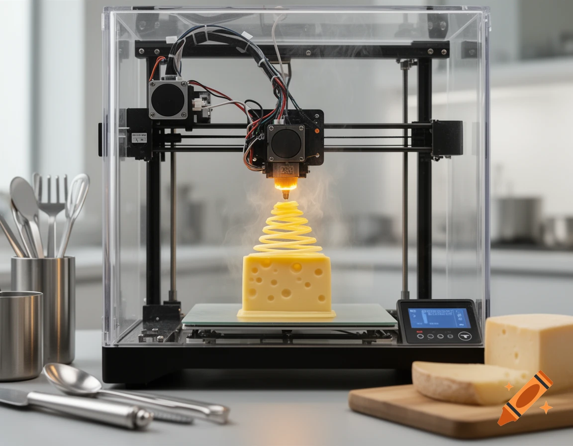 Photorealistic 3D printer printing a block of cheese in a modern kitchen setting.