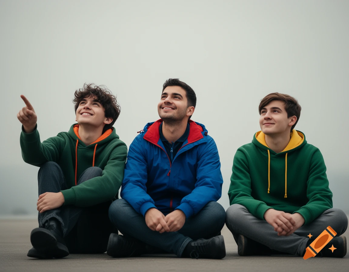 Three young men sitting together on the ground, smiling and looking up at the sky in a photorealistic style.