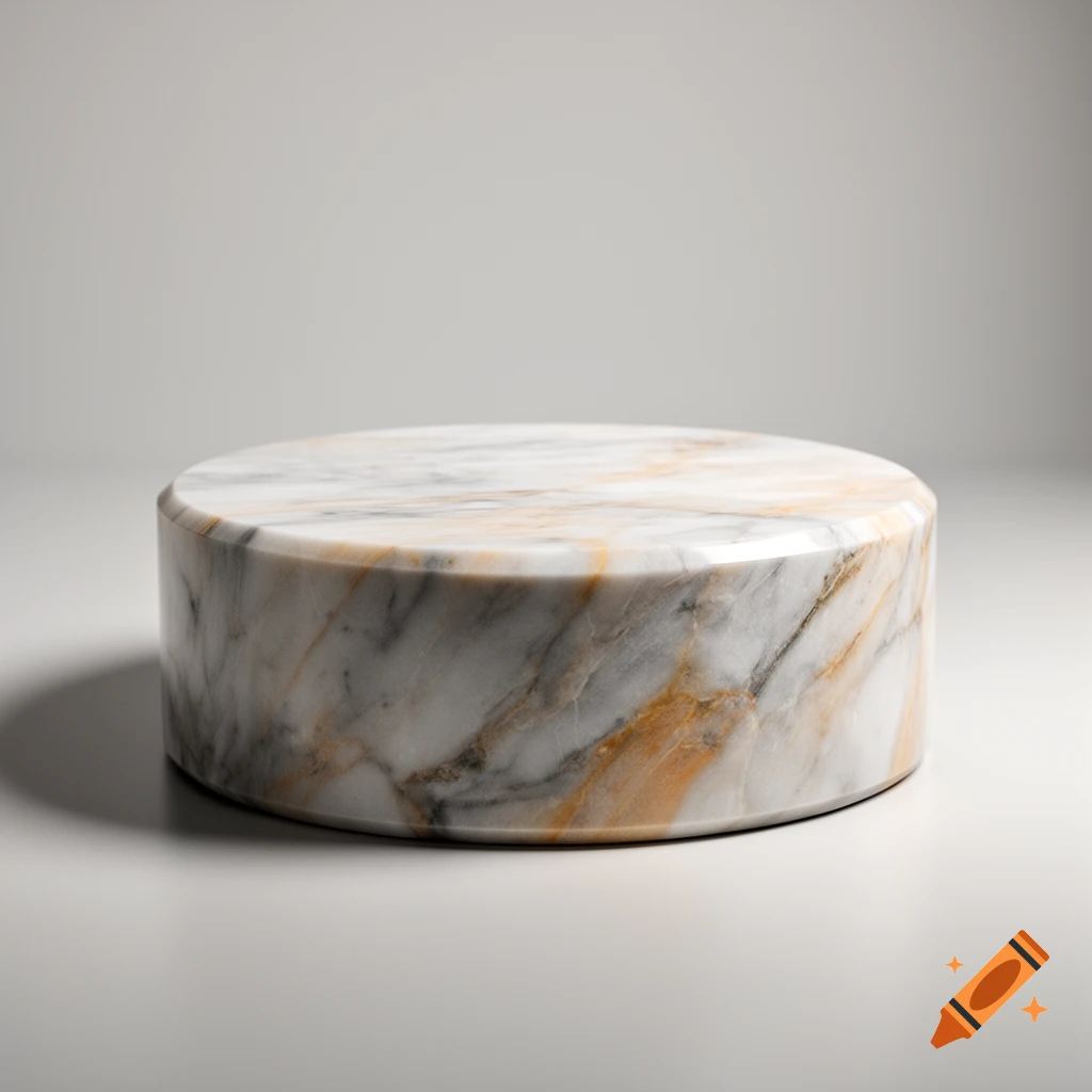 A round white and gold marble plinth on a grey surface with a soft grey background.