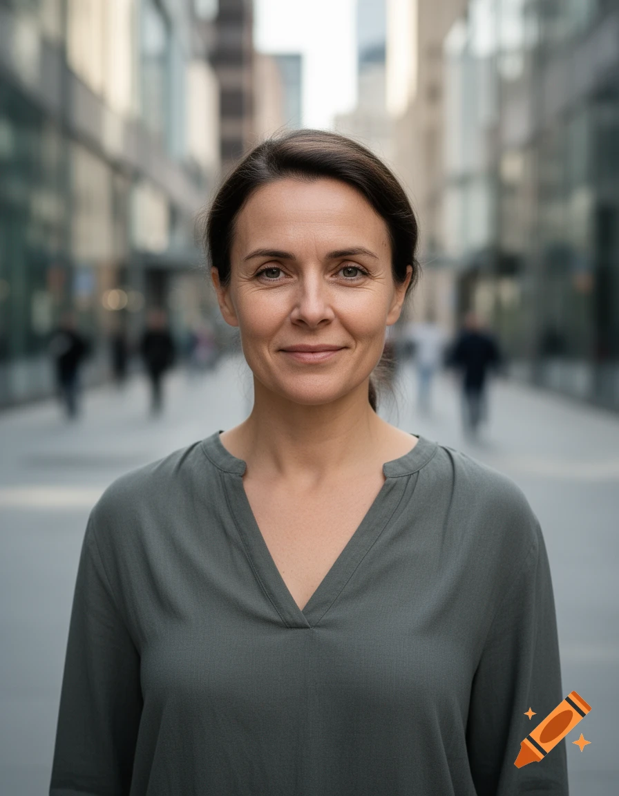 Photorealistic medium shot of a middle-aged woman smiling, standing outdoors on a city street.