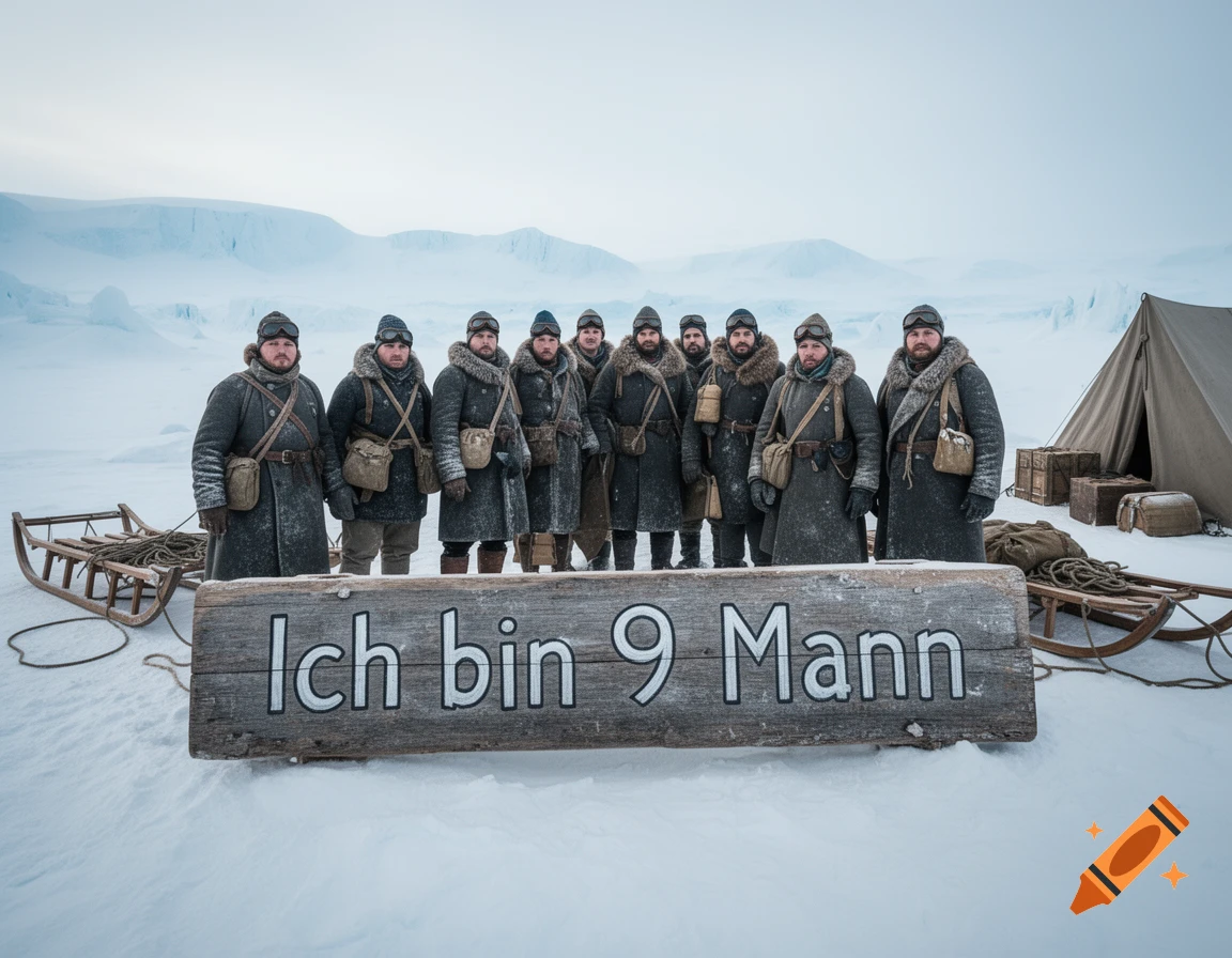 Photorealistic image of nine polar explorers from 1914 standing in a snowy landscape behind a wooden sign that reads Ich bin 9 Mann.