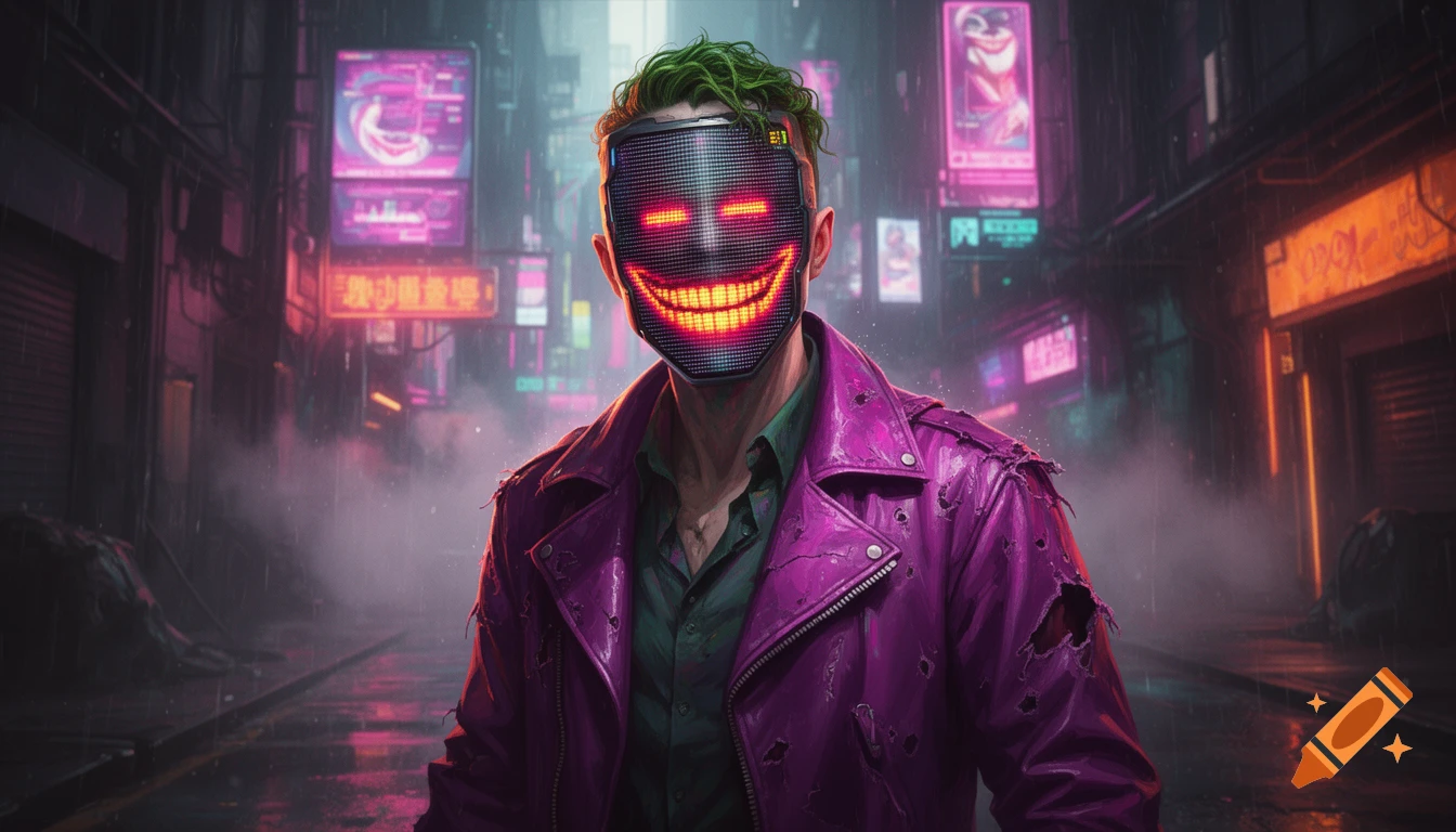 Cyberpunk reimagining of the Joker with an LED facial interface mask and neon-purple jacket in a glowing alleyway.