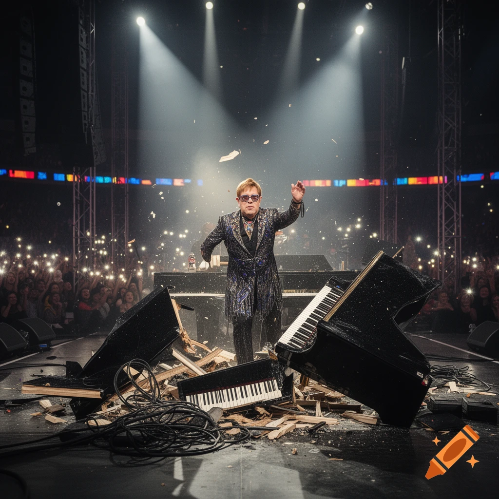 Elton John stands center stage with arms raised among debris from a smashed piano, surrounded by an applauding crowd holding lights.