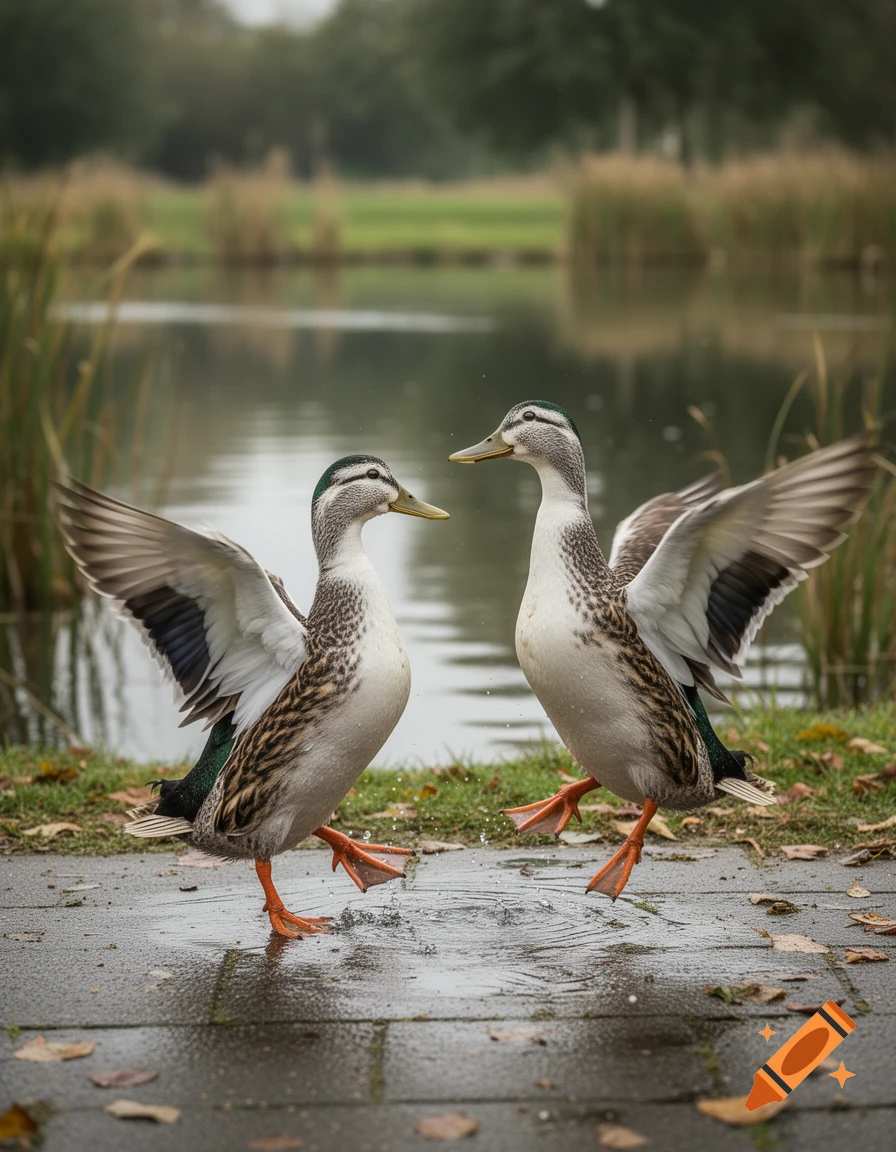 Photorealistic image of two mallard ducks standing on a paved walkway near a pond, flapping their wings as if dancing.