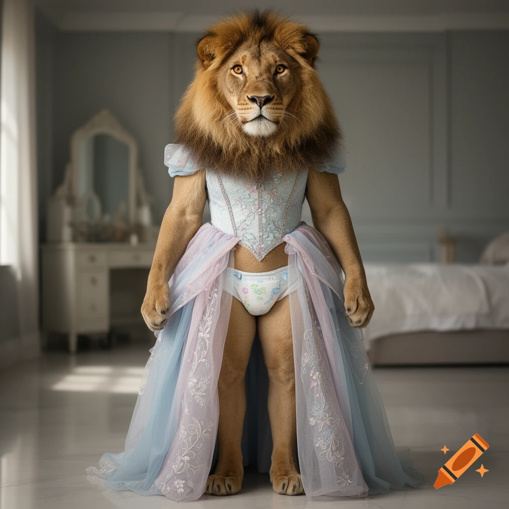 Photorealistic image of a standing lion with a humanlike body wearing a pastel blue and pink princess dress and a diaper.