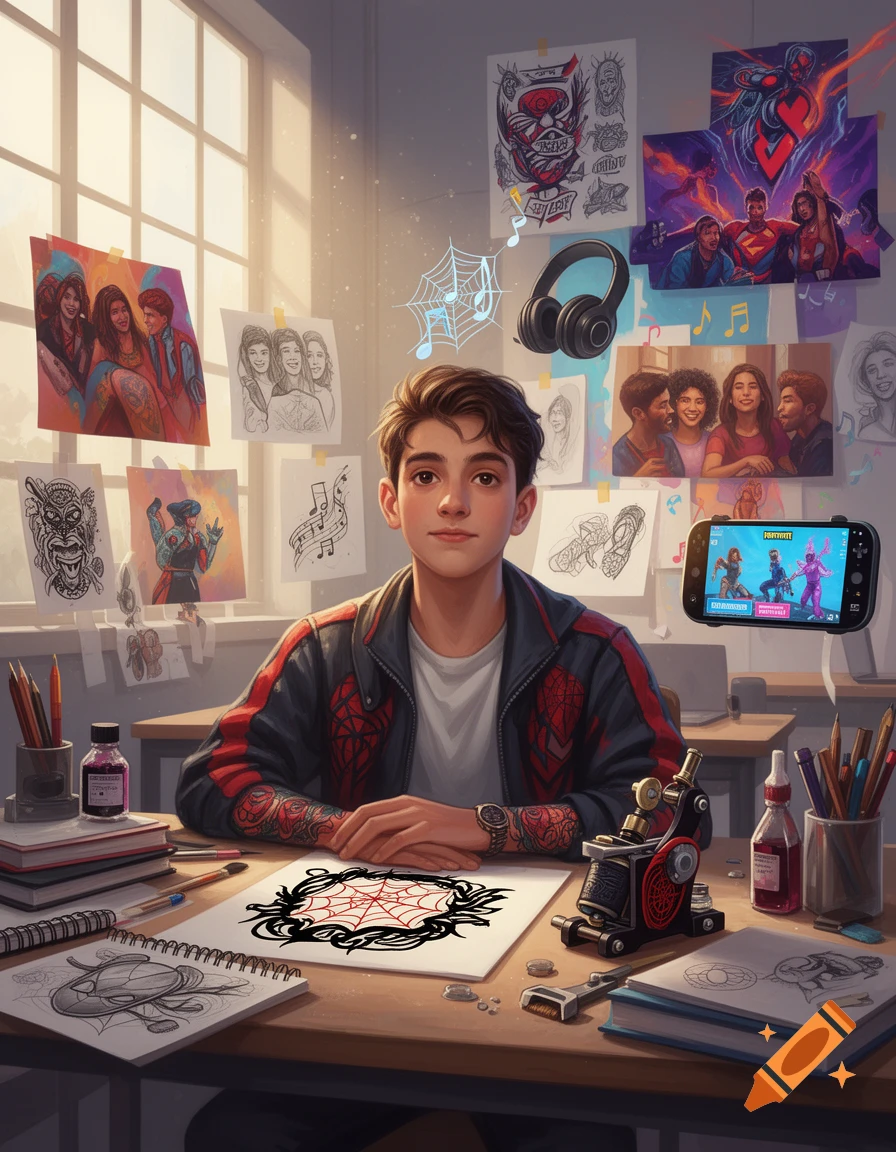 Digital illustration of a young male student in a classroom setting, surrounded by drawings, tattoos, headphones, and a game console.