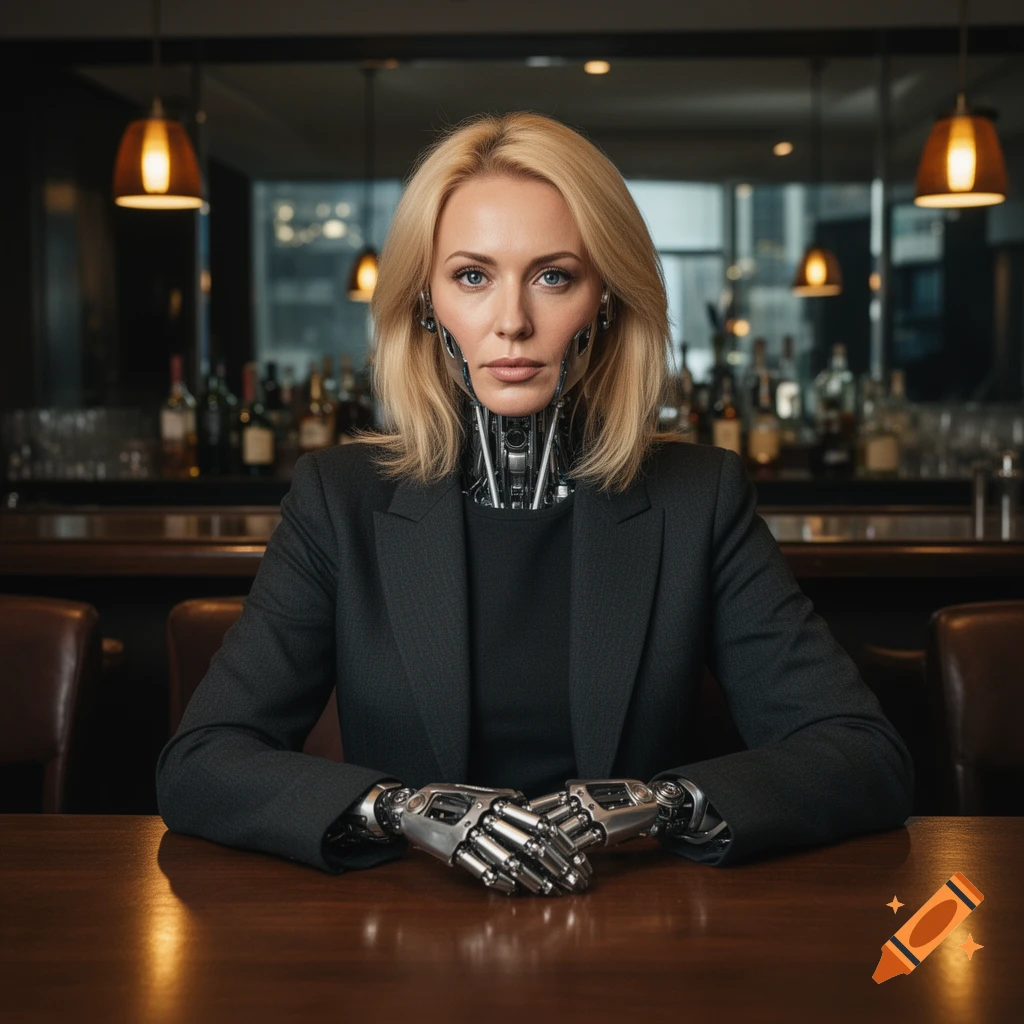Photorealistic portrait of a blonde female android with exposed mechanical neck and hands, sitting at a wooden bar.