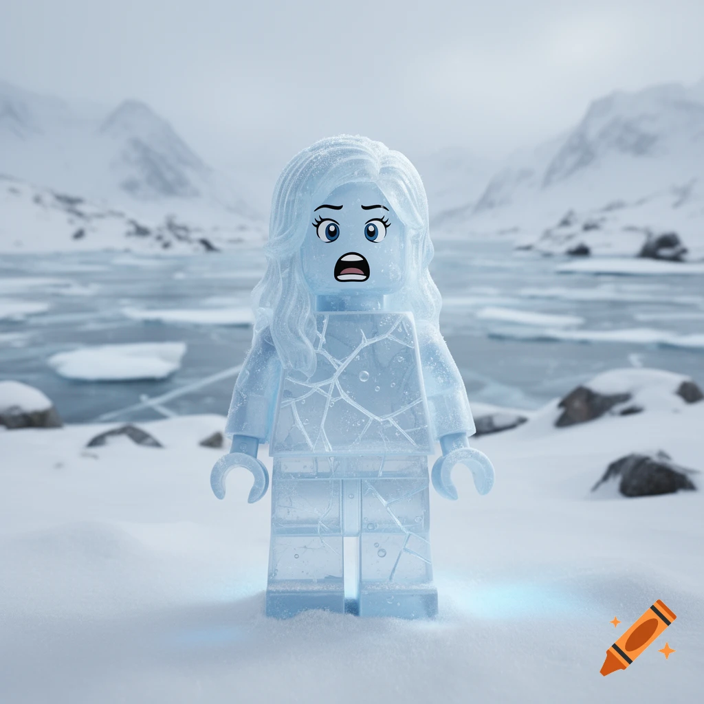 A realistic Lego minifigure made of translucent ice with a surprised expression, standing in a snowy landscape.