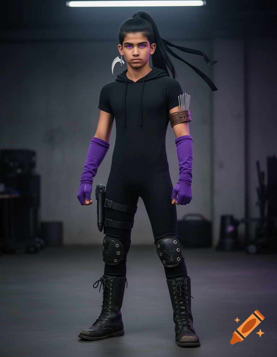 Full-body photorealistic shot of a teenager with glowing purple eyes and a high ponytail, wearing a black hooded unitard and combat gear.