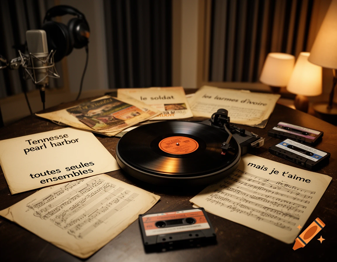 Photorealistic tabletop scene with a record player, vinyl records, sheet music, and audio cassettes with French titles.
