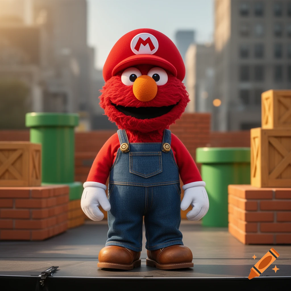 Photorealistic image of Elmo dressed as Mario standing on a rooftop with pipes and blocks.