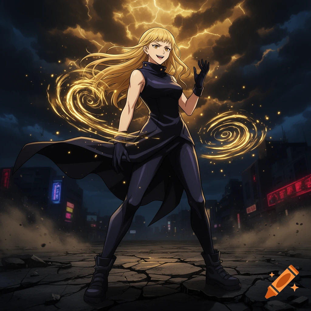 Anime style illustration of a blonde woman with a dark outfit and gloves, standing in a desolate city with lightning in the background.