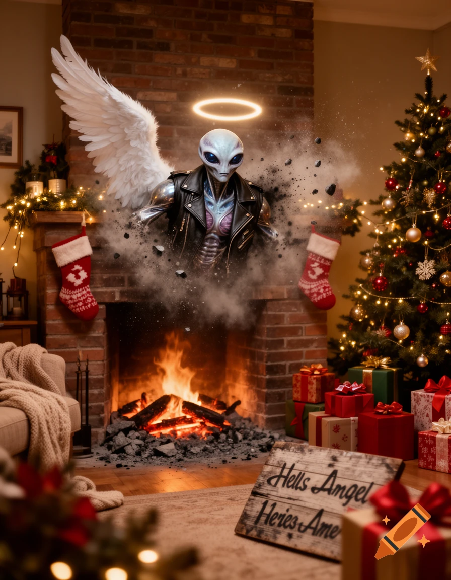 An alien with angel wings and a leather jacket emerging from a fireplace in a living room decorated for Christmas.
