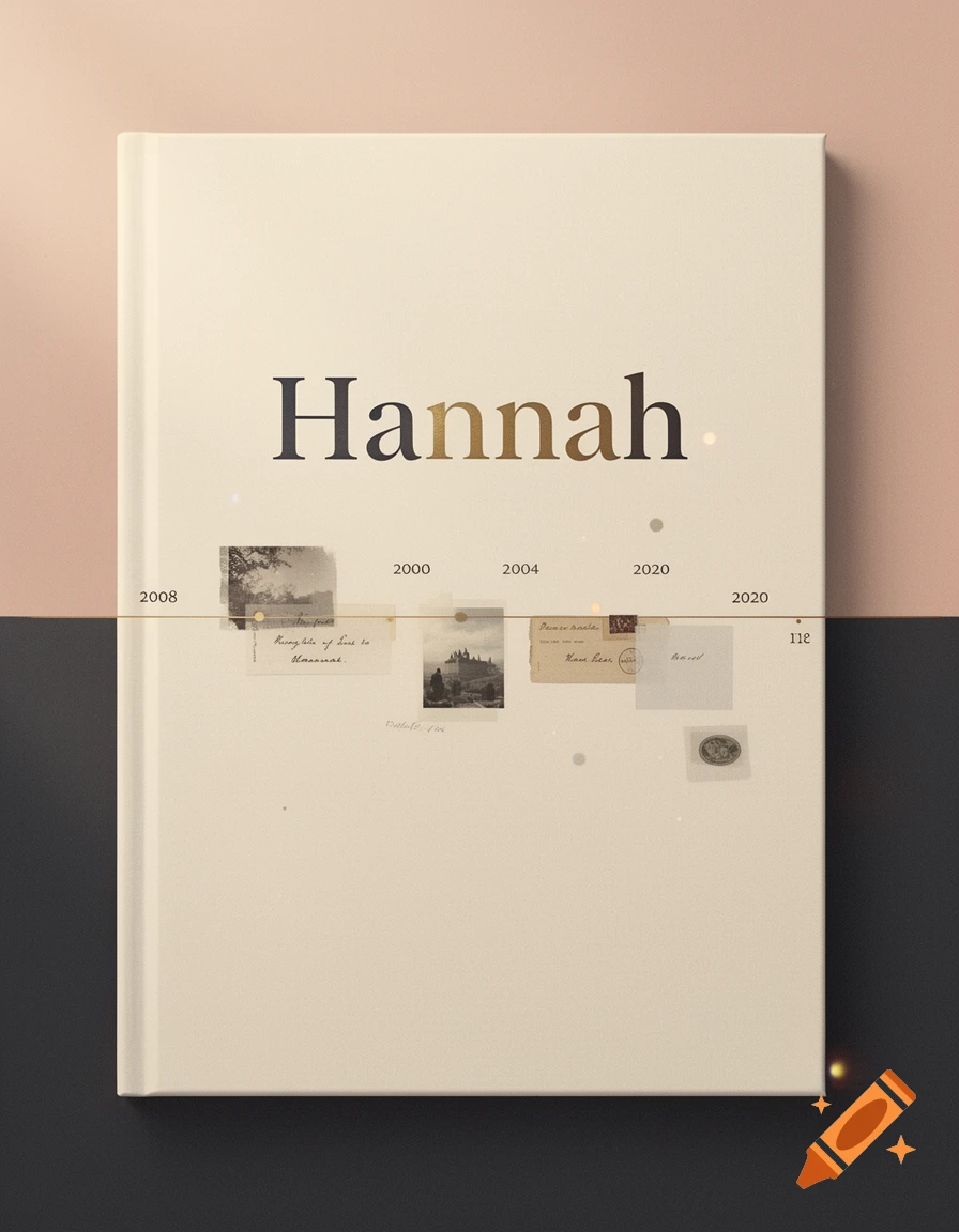 Minimalist cream-colored photobook cover with the name Hannah in gold typography and an embedded timeline.