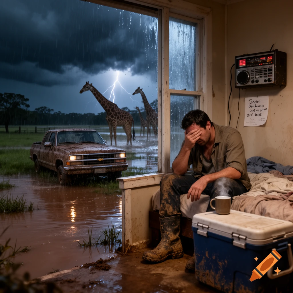 Photorealistic image of a man sitting in a flooded room during a storm, with a muddy truck and giraffes outside.
