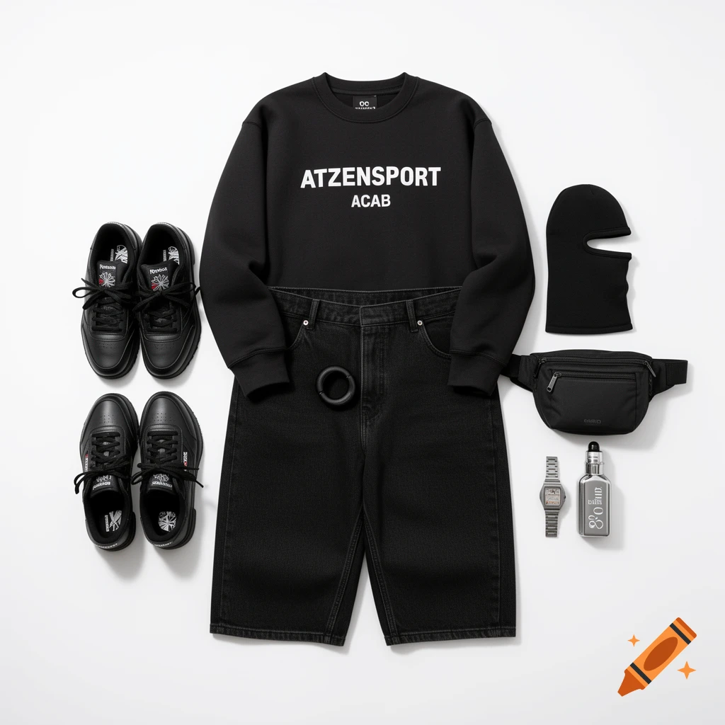 Flat lay of an all-black streetwear outfit featuring a sweatshirt, baggy jeans, sneakers, ski mask, and accessories on a white background.