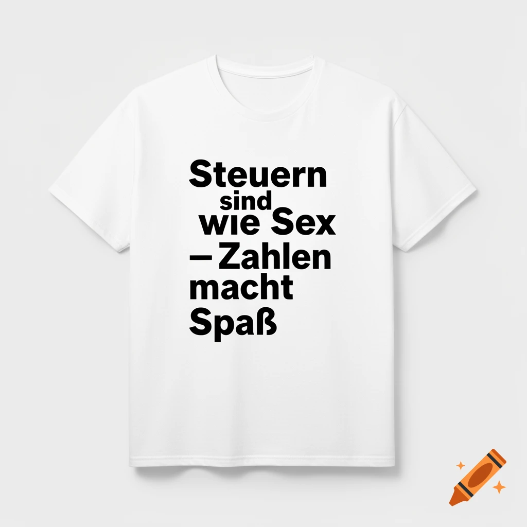 A white t-shirt with black German text that reads 'Steuern sind wie Sex – Zahlen macht Spaß' centered on the chest.