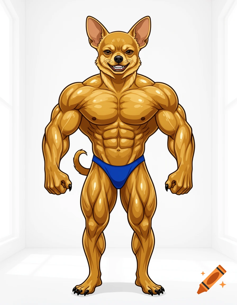 An anthropomorphic, hyper-muscular chihuahua bodybuilder wearing a blue posing thong, standing in a white room.