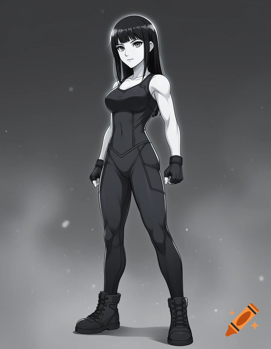 Full-body anime illustration of a muscular woman with long black hair, wearing a black athletic jumpsuit and combat boots.