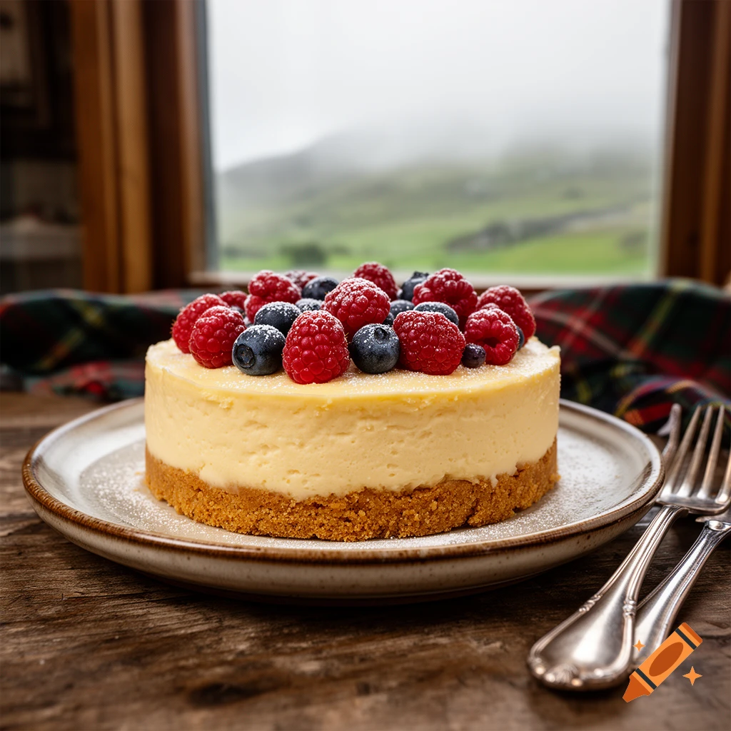 Photorealistic image of a cheesecake topped with fresh raspberries and blueberries, powdered sugar, resting on a rustic wooden table with a view of a green landscape through a window.