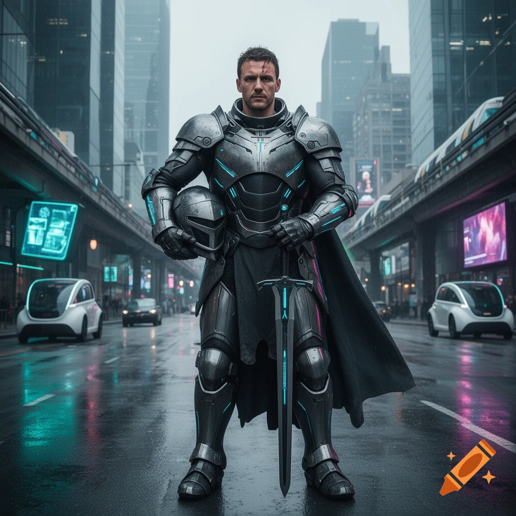 Photorealistic image of a muscular knight in advanced futuristic armor holding a helmet and a glowing sword in a rainy city street.