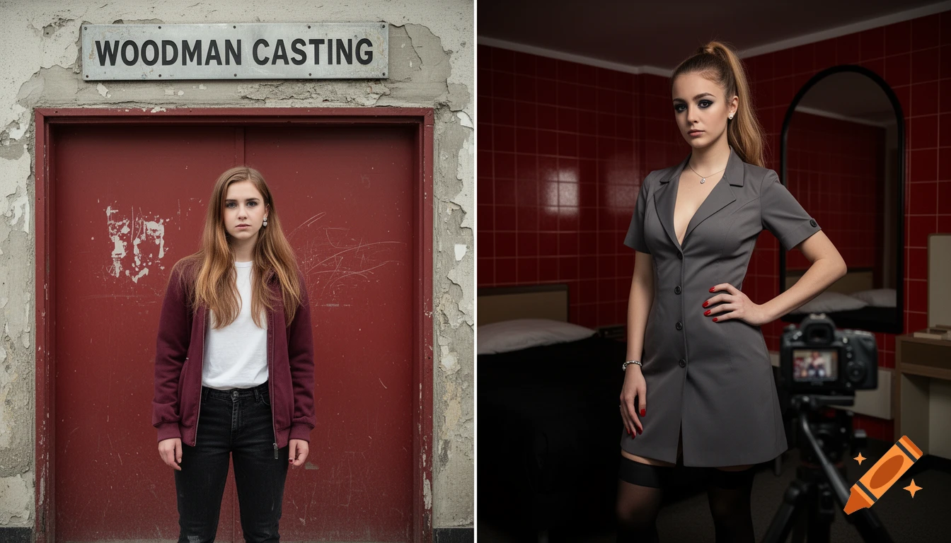 Split photorealistic image of a young woman standing outside a red door with a 'WOODMAN Casting' sign, and inside a motel room.