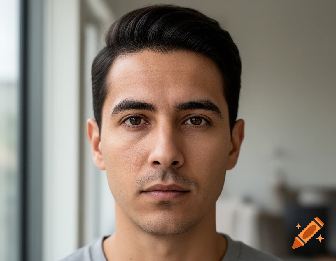 Close-up photorealistic portrait of a man with dark hair and brown eyes looking directly at the camera.