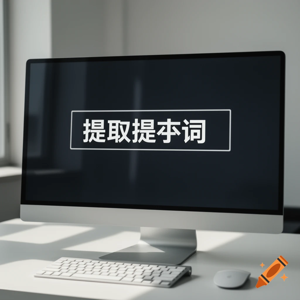 A computer monitor displaying Chinese text in a box on its screen, with a keyboard and mouse on a white desk.