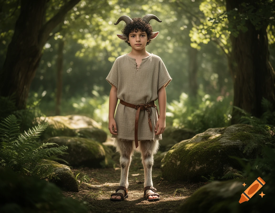 Photorealistic full-body portrait of a young male satyr with curly hair and horns, standing in a lush forest path.