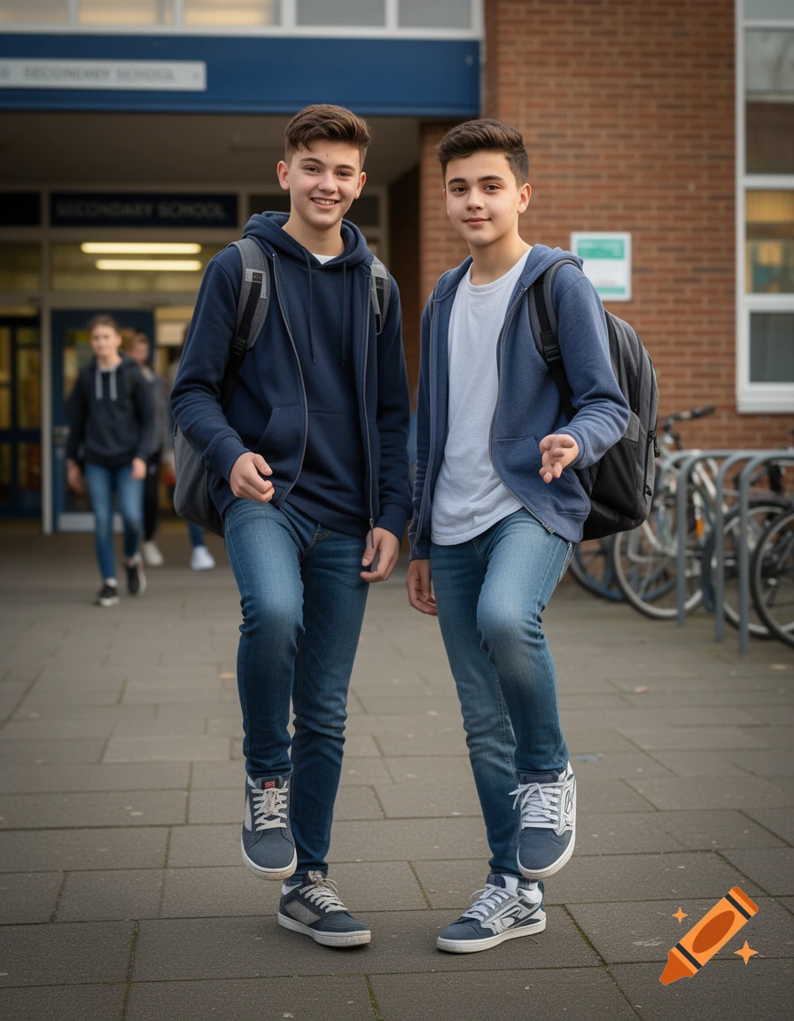 Photorealistic image of two teenage boys standing outside a school showing off their sneakers.