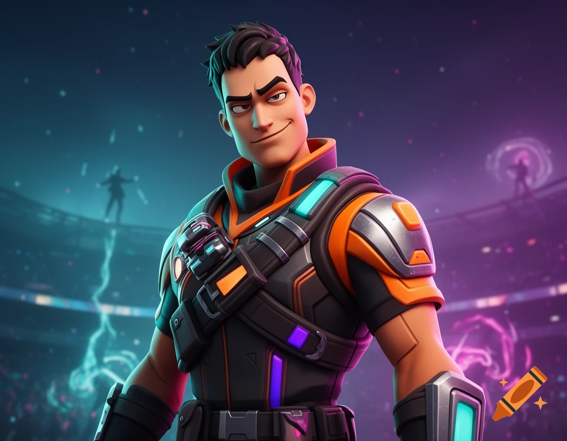 3D stylized male character skin with a sly expression and futuristic battle gear, set in an arena.
