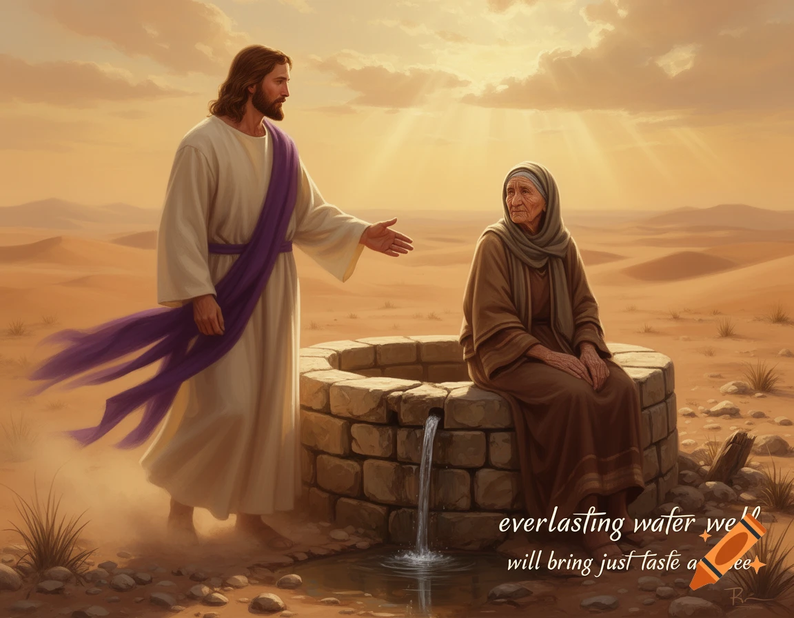 Digital painting of Jesus with a purple sash talking to an ancient woman seated by a stone desert well, with text at the bottom.