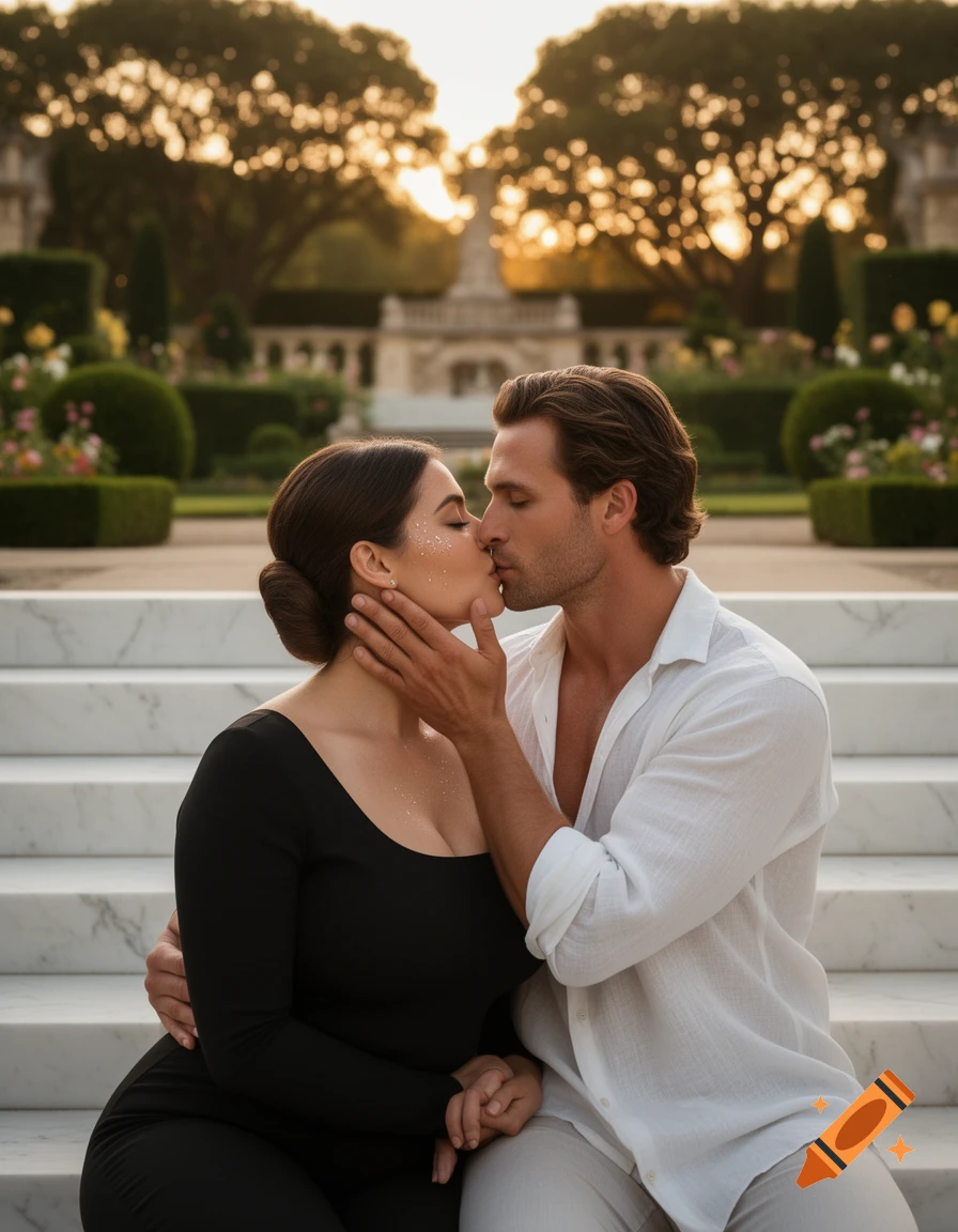 Photorealistic portrait of a couple kissing intimately on marble palace steps during golden hour in a lush garden.