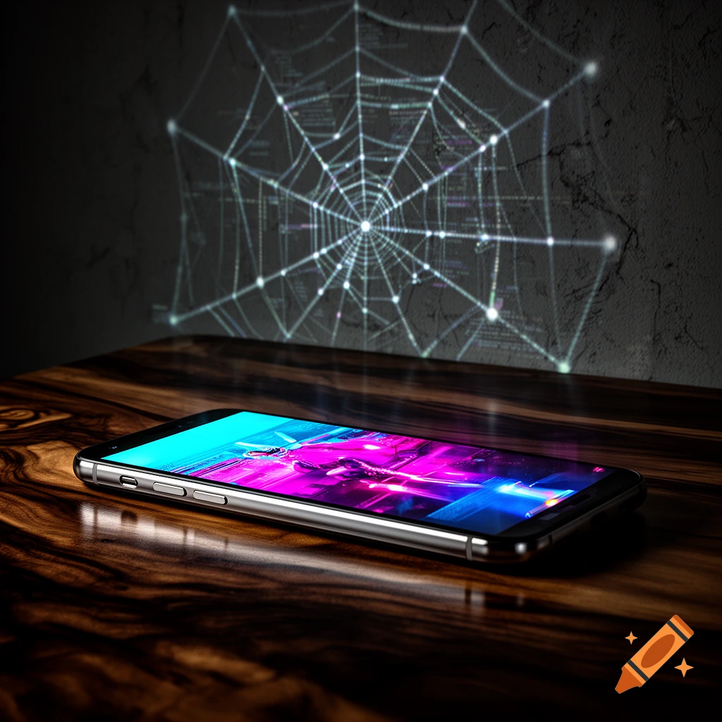 A modern smartphone on a wooden table, projecting a glowing digital spiderweb pattern onto the wall behind it. Photorealistic.