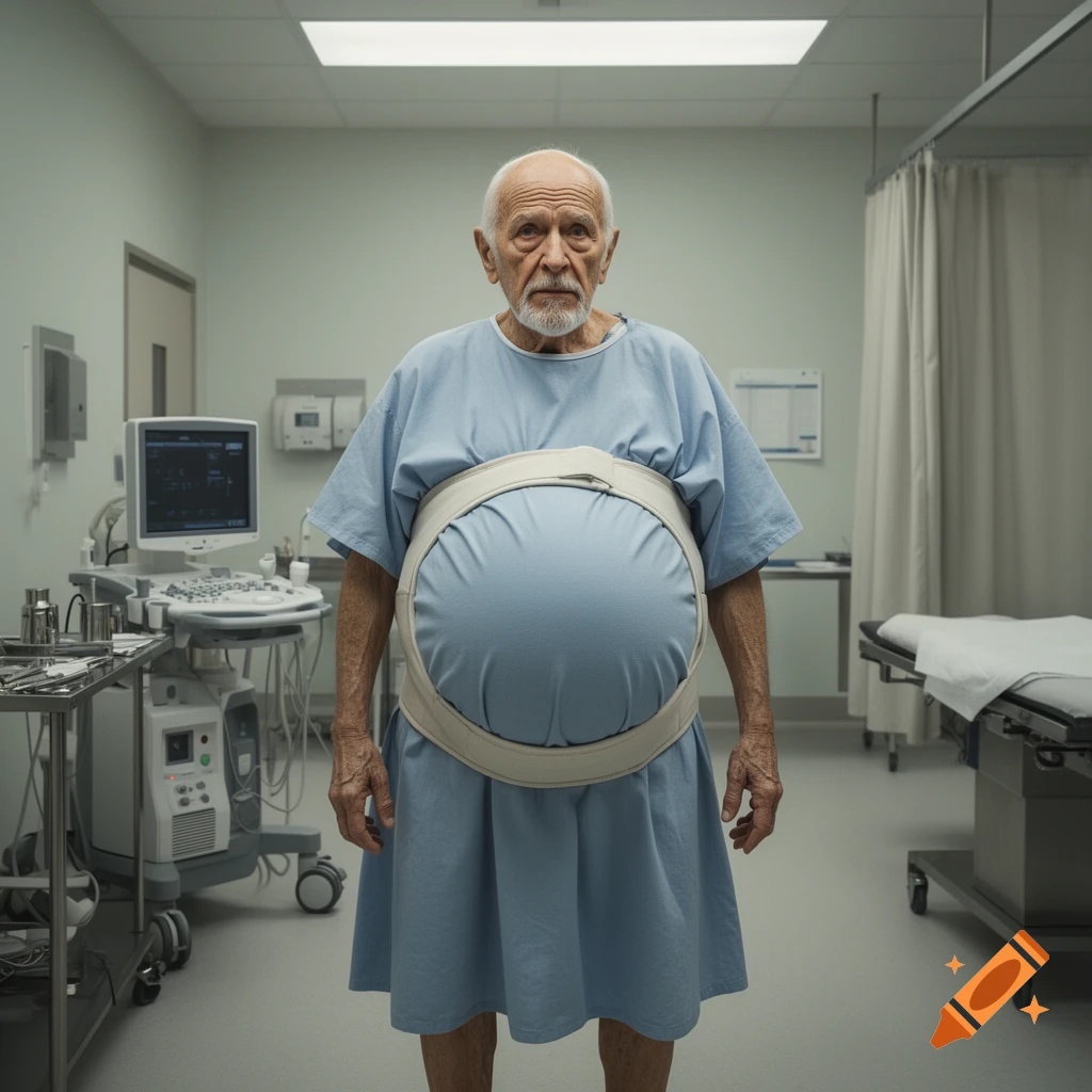 Photorealistic image of an old man in a hospital gown with an extremely large belly supported by a medical belt.