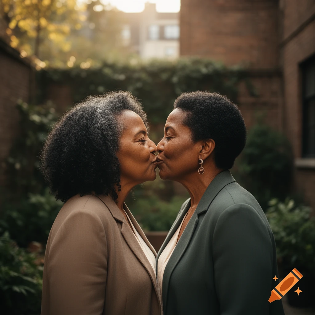A photorealistic close-up of a mature Black lesbian couple kissing outdoors in an urban courtyard.
