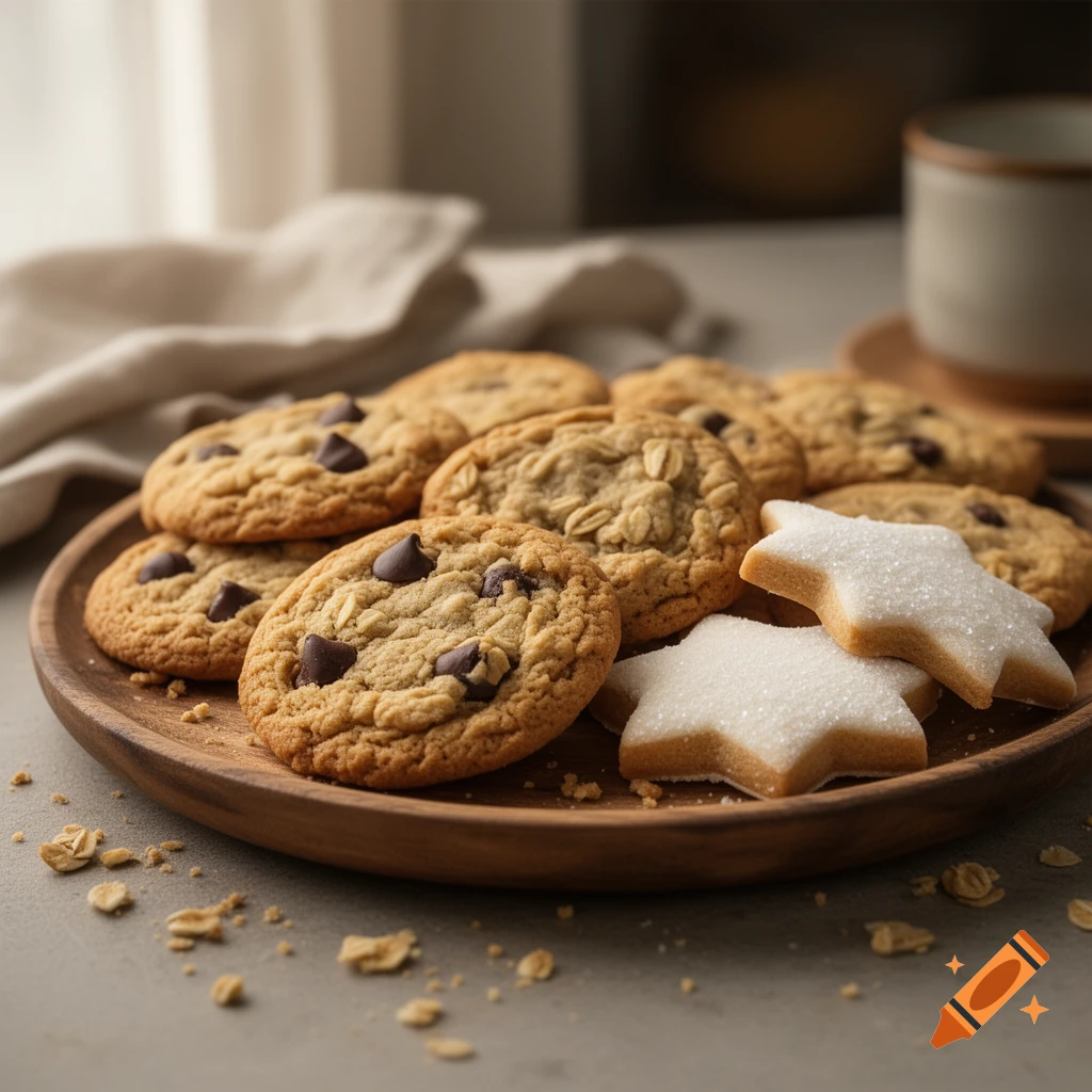 Close-up of a wooden plate filled with various chocolate chip and star-shaped sugar cookies on a kitchen counter.