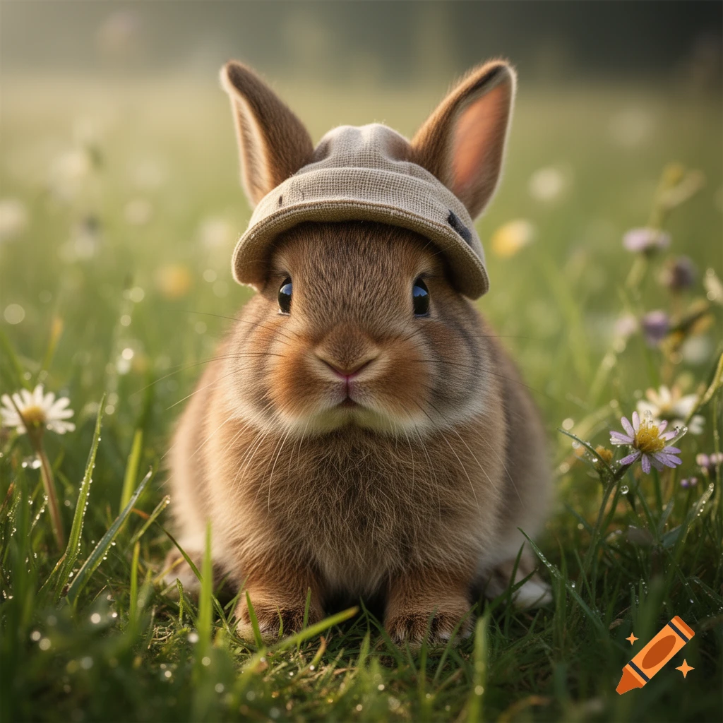 Photorealistic close-up of a small brown baby rabbit wearing a tiny tan hat in a grassy field with white and purple wildflowers.