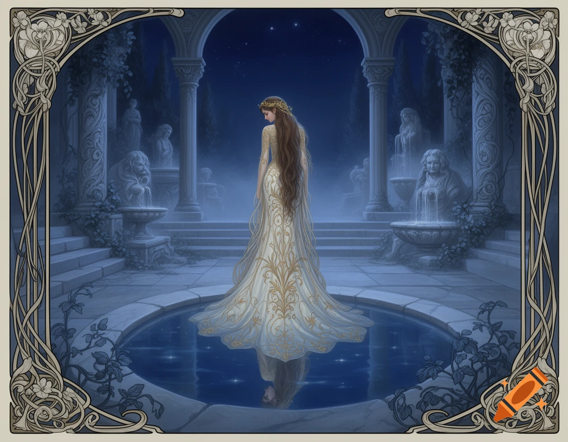 An Art Nouveau style digital illustration of a maiden with long brown hair in a white and gold gown, standing before a pool at night.