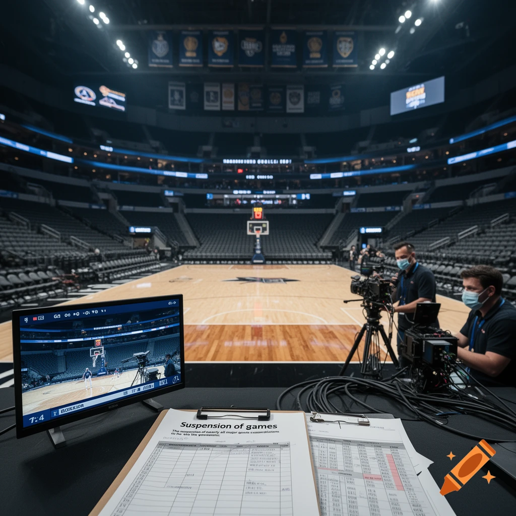 Photorealistic view of an empty basketball arena control room with a monitor showing a game and clipboards with text.