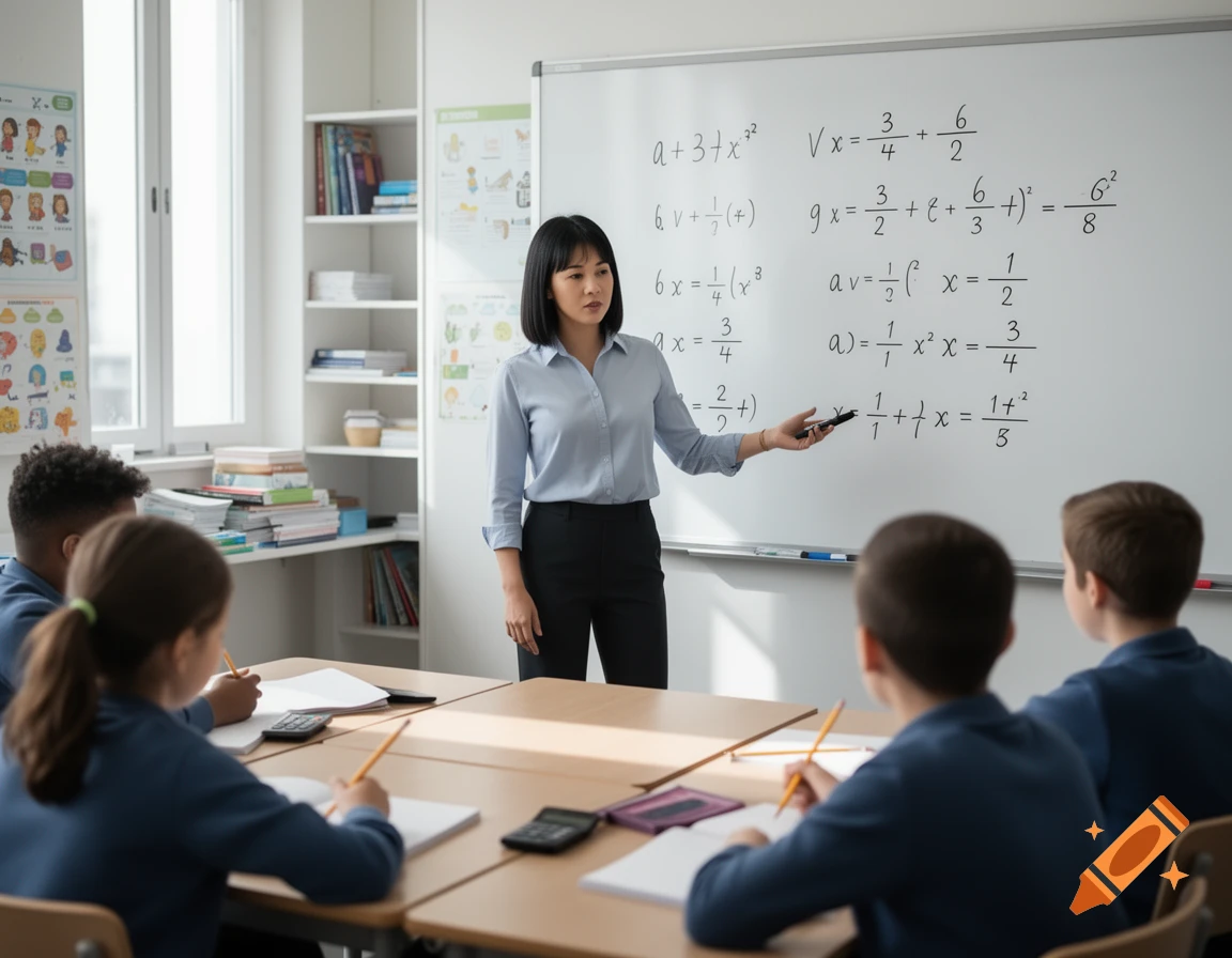 Photorealistic image of a female math teacher pointing to algebraic equations on a whiteboard in front of attentive students.