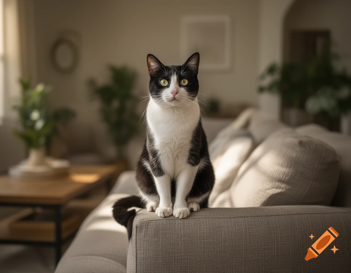 Photorealistic image of a black and white tuxedo cat sitting on the back of a beige couch in a living room.