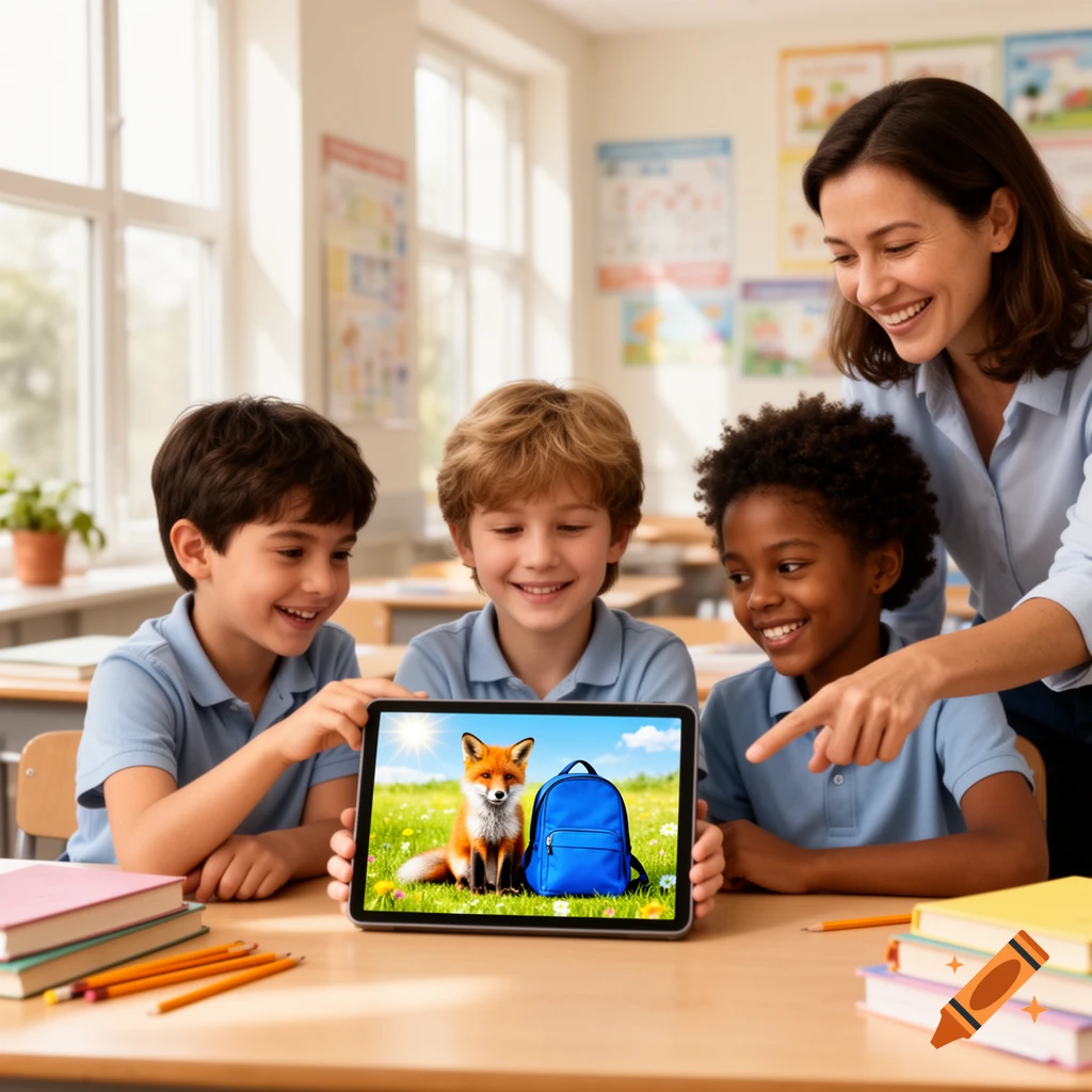Teacher and three students in a classroom looking at a tablet displaying a fox and a backpack, photorealistic style.