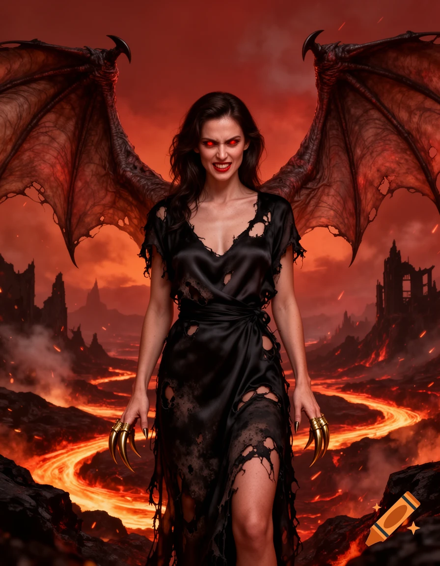 Photorealistic depiction of a female demon with bat-like wings, red glowing eyes, and brass claws standing in a fiery hellscape.