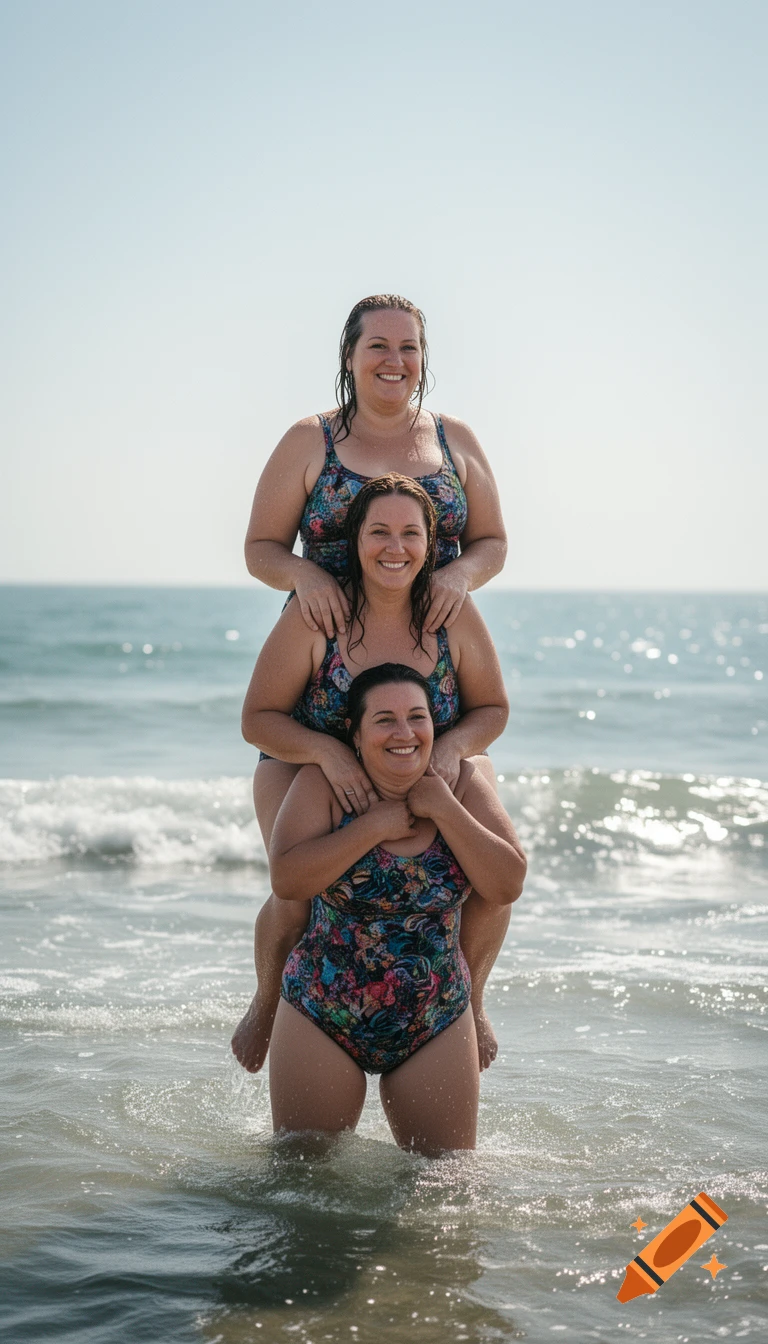 Three smiling mature women in floral swimsuits stacked on each other's shoulders in the sea.