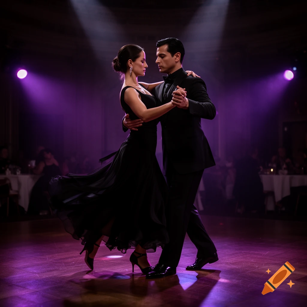 A man and woman in formal attire dancing tango on a wooden floor under dramatic purple stage lighting.